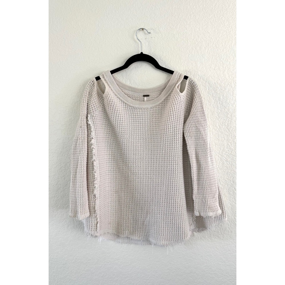 Free People Beige Waffle Knit Distressed Cutout‎ Shoulder Sweater